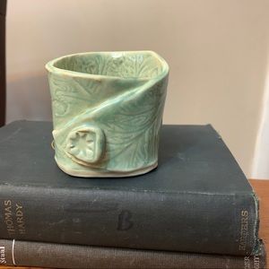 Folded clay handmade dish vase planter mint green kiln-fired